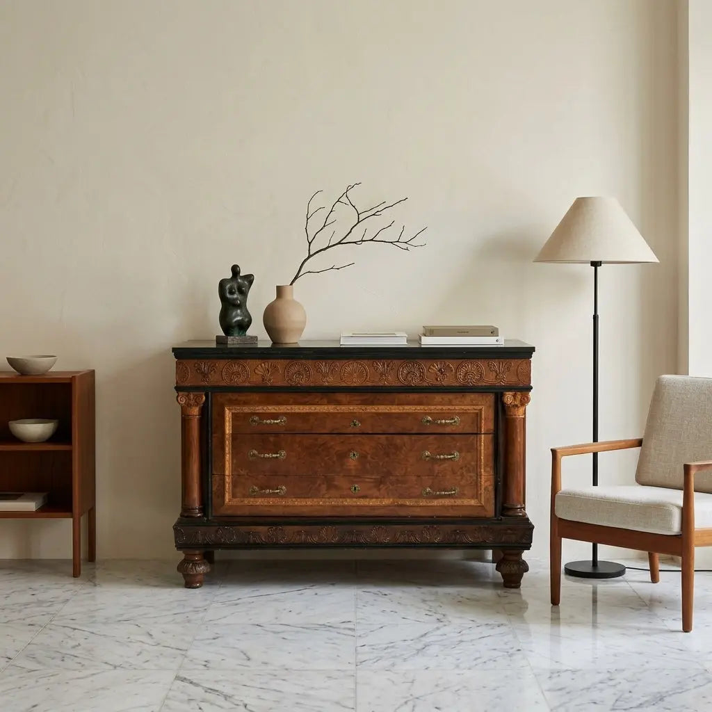 Antique Chest of Drawers Walnut Burl Marble Top Italy XX Century