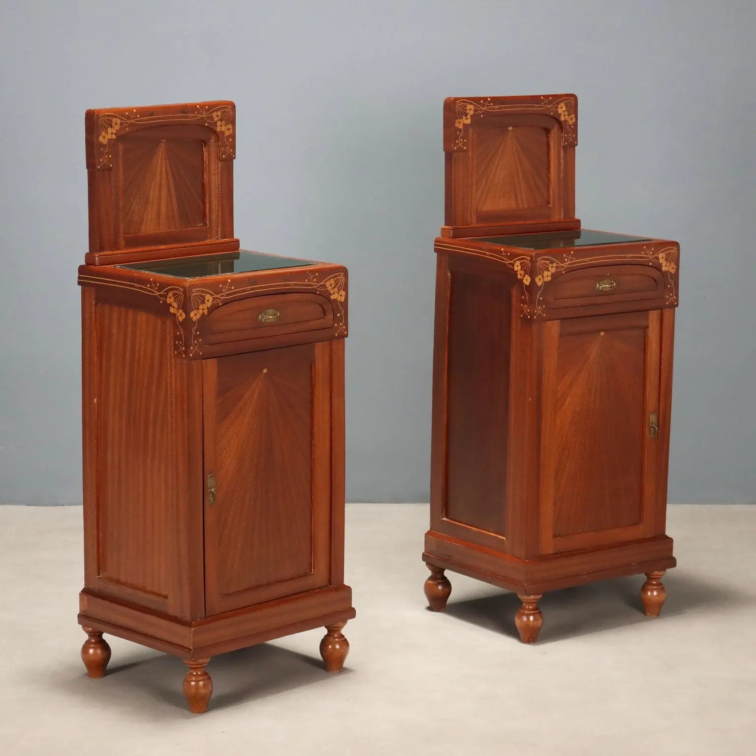 Antique Nightstands Mahogany Glass Italy XX Century - Italy, Early XX Century | Antiques | Bedside Tables
