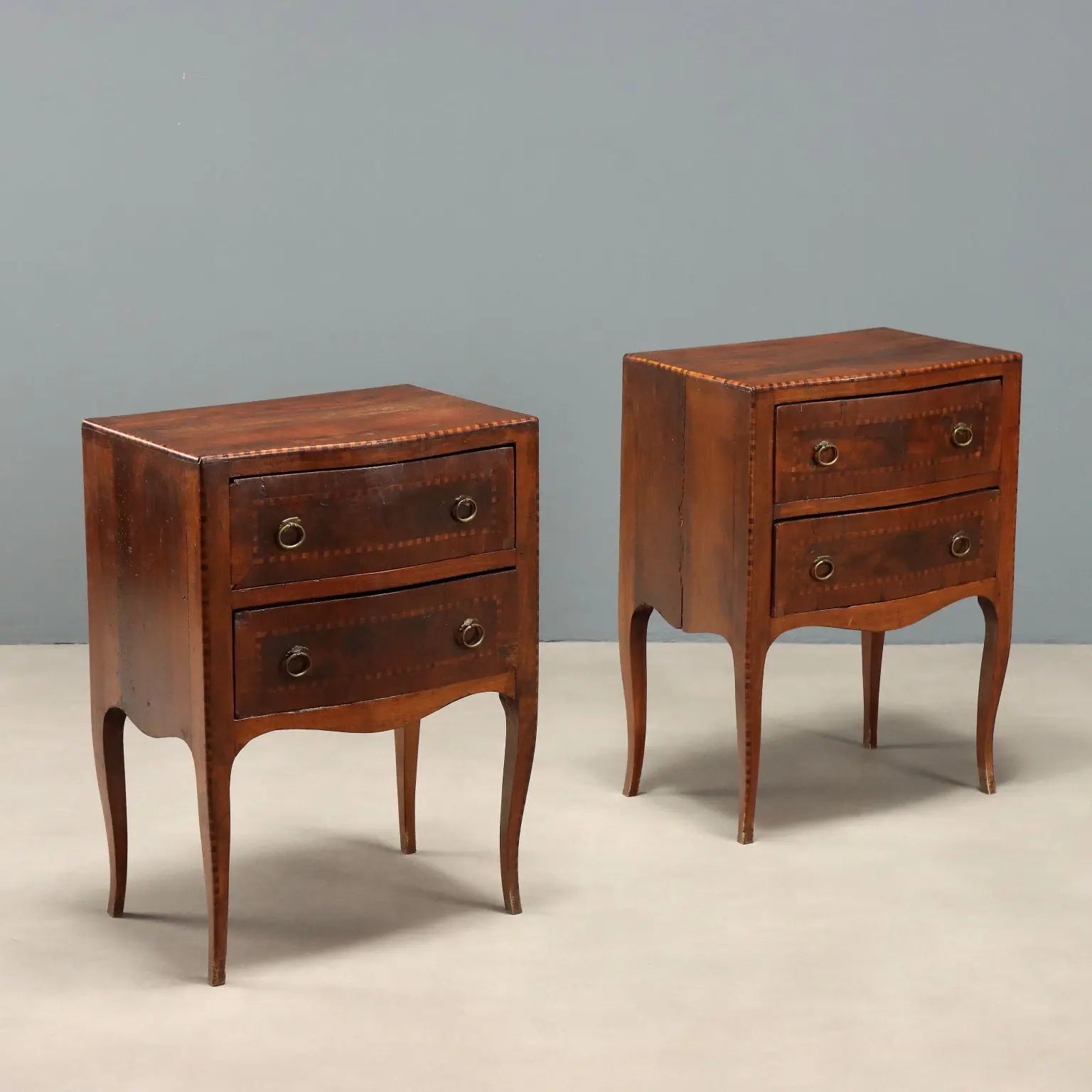 Pair Barocchetto Style Walnut and Maple Nightstands