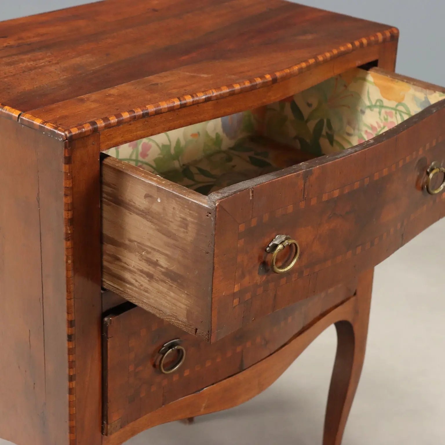 Pair Barocchetto Style Walnut and Maple Nightstands