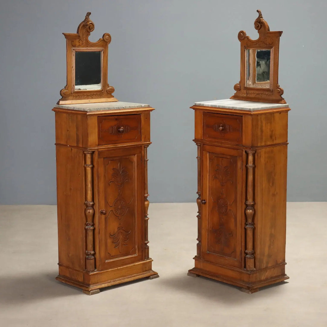 Antique Nightstands Walnut Grey Marble Italy XIX Century