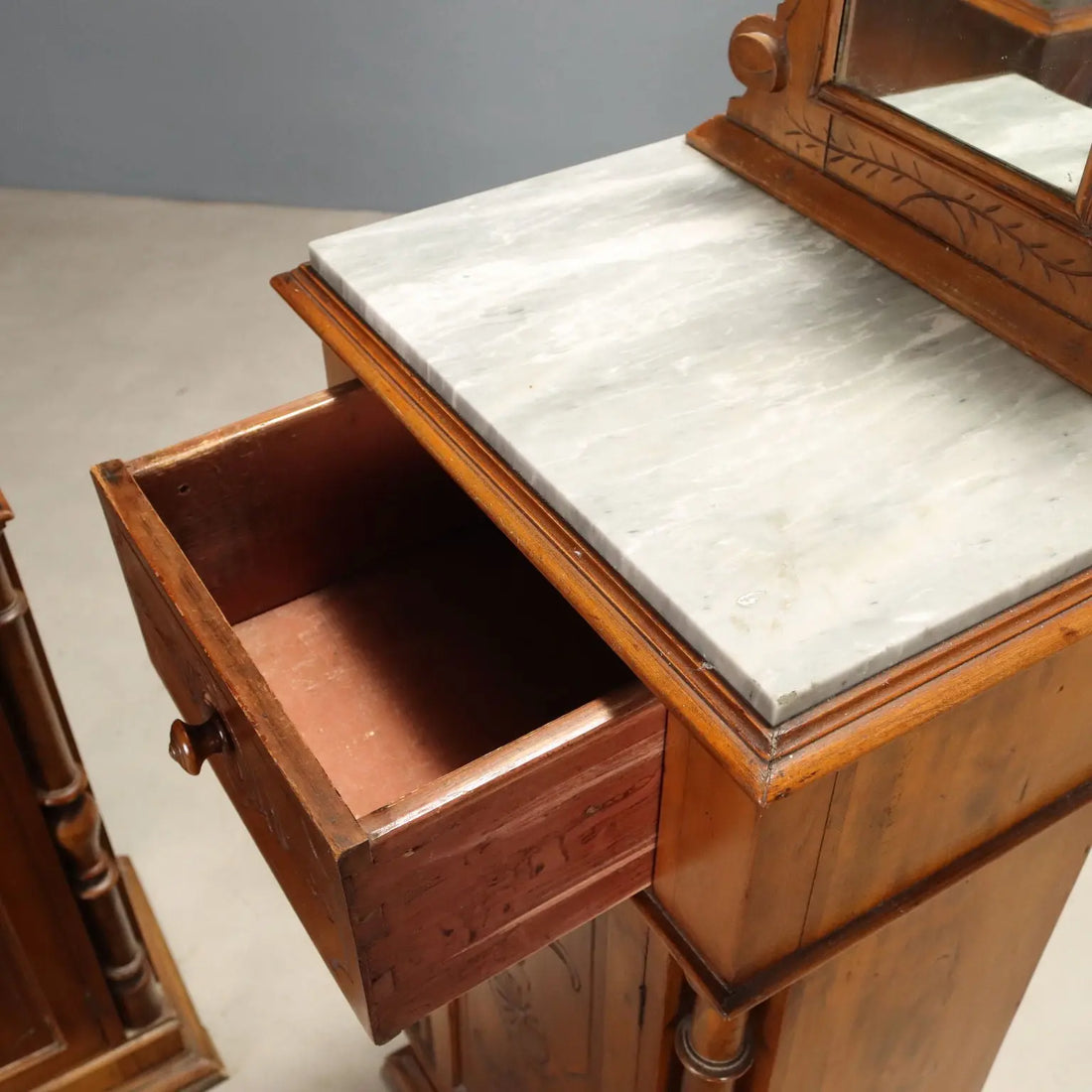 Antique Nightstands Walnut Grey Marble Italy XIX Century