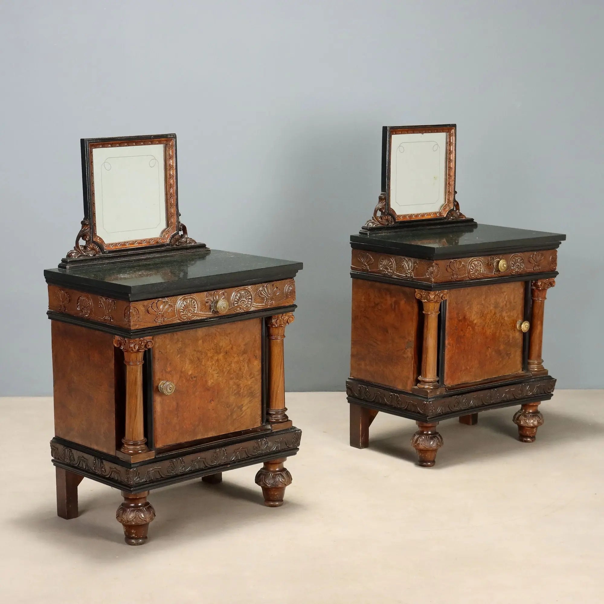 Antique Bedside Tables Walnut Marble Burl Italy XX Century