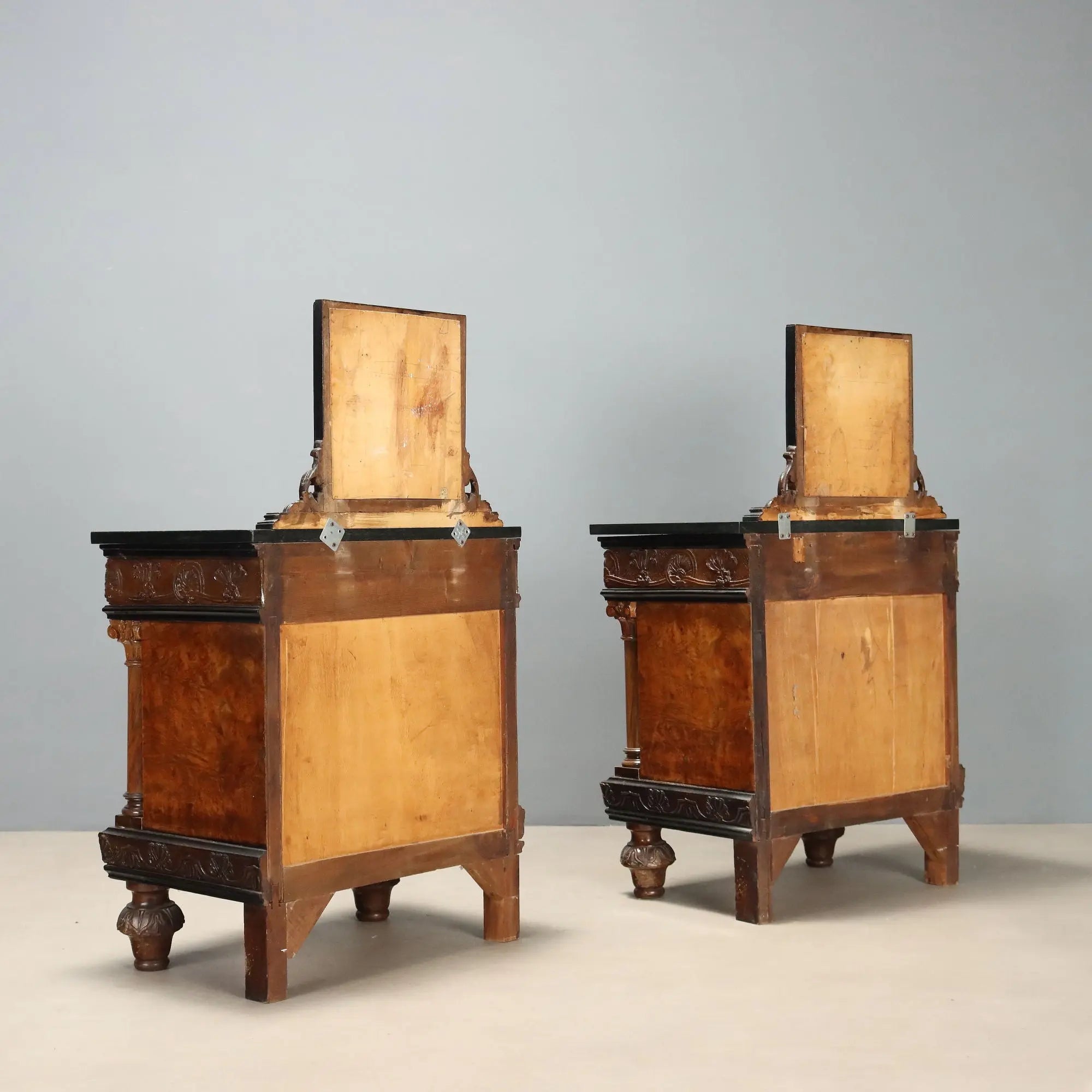 Antique Bedside Tables Walnut Marble Burl Italy XX Century