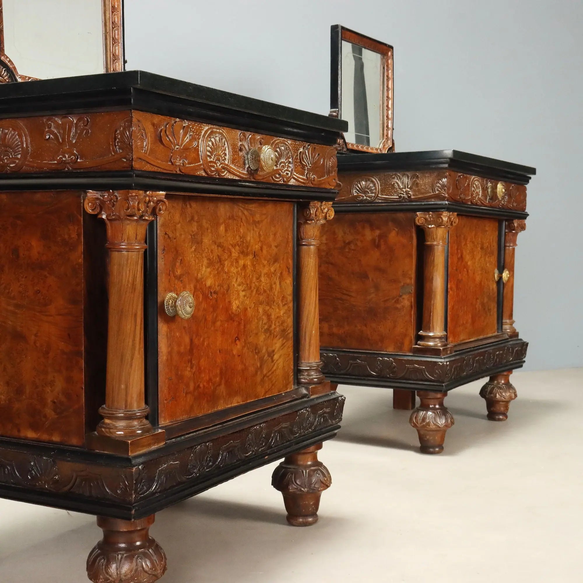 Antique Bedside Tables Walnut Marble Burl Italy XX Century