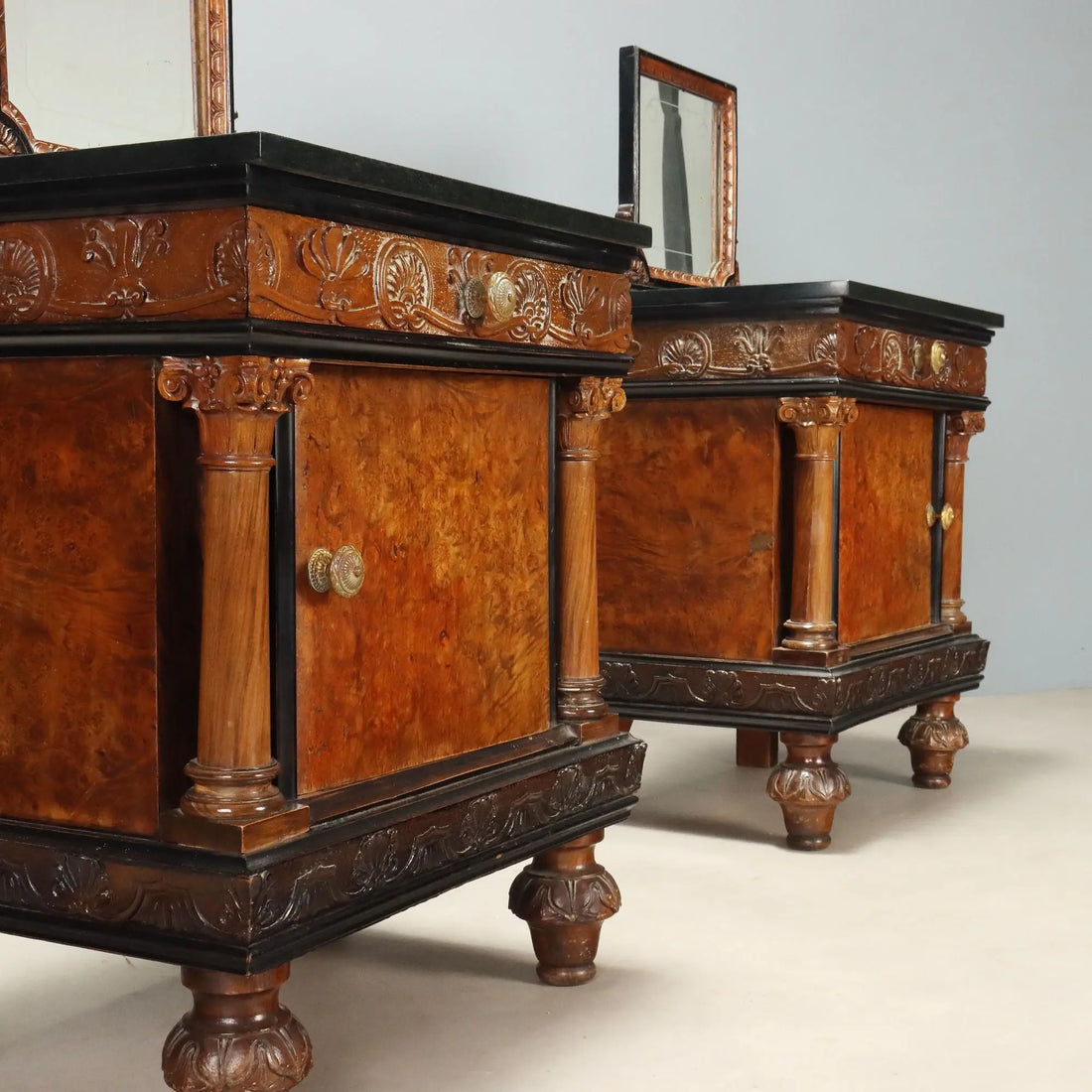 Antique Bedside Tables Walnut Marble Burl Italy XX Century