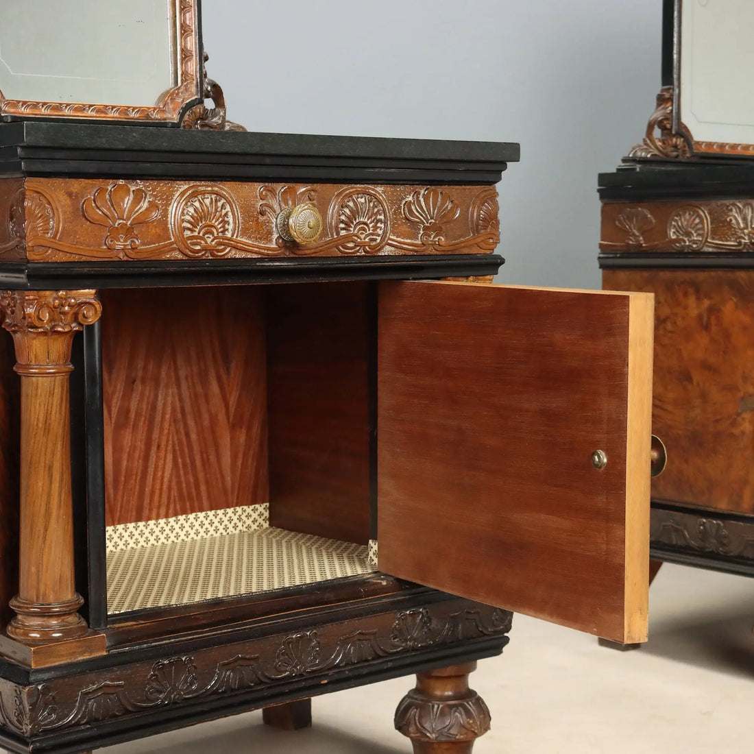 Antique Bedside Tables Walnut Marble Burl Italy XX Century