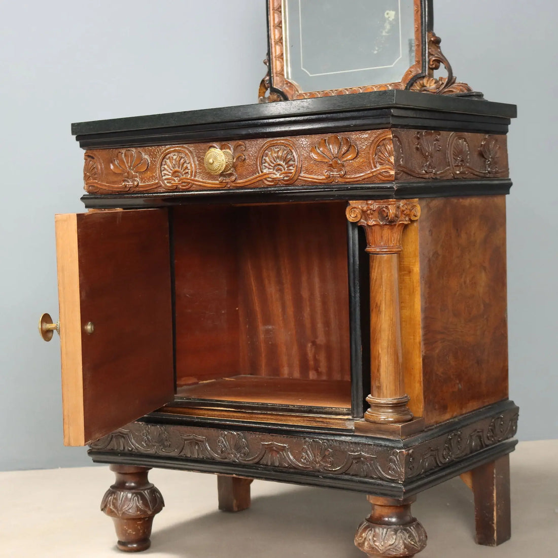 Antique Bedside Tables Walnut Marble Burl Italy XX Century
