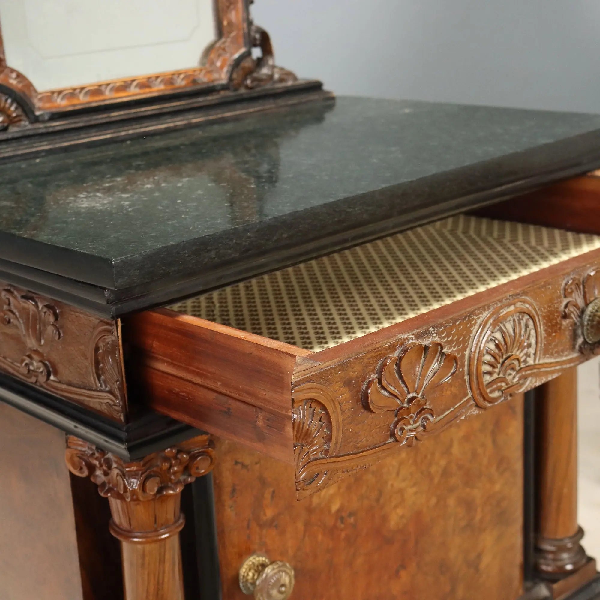Antique Bedside Tables Walnut Marble Burl Italy XX Century