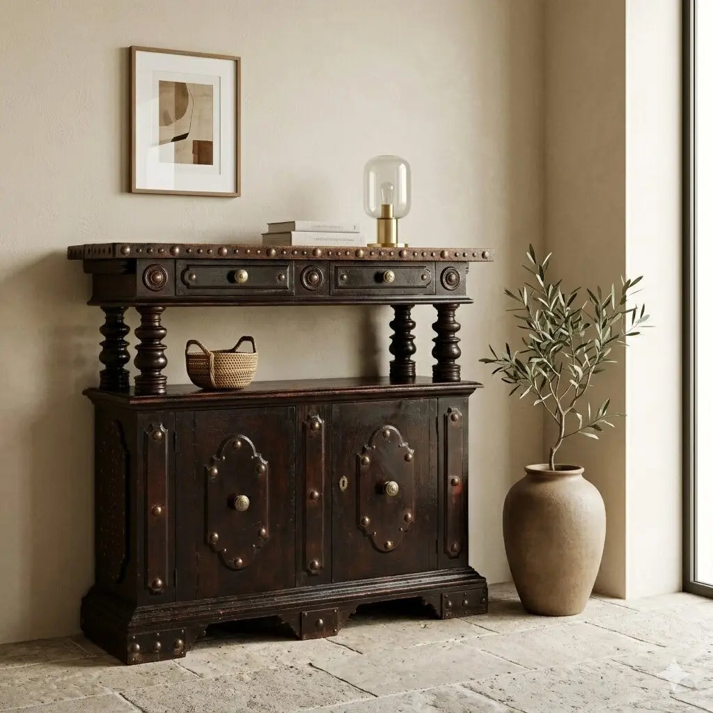 Baroque-Style Walnut and Metal Sideboard