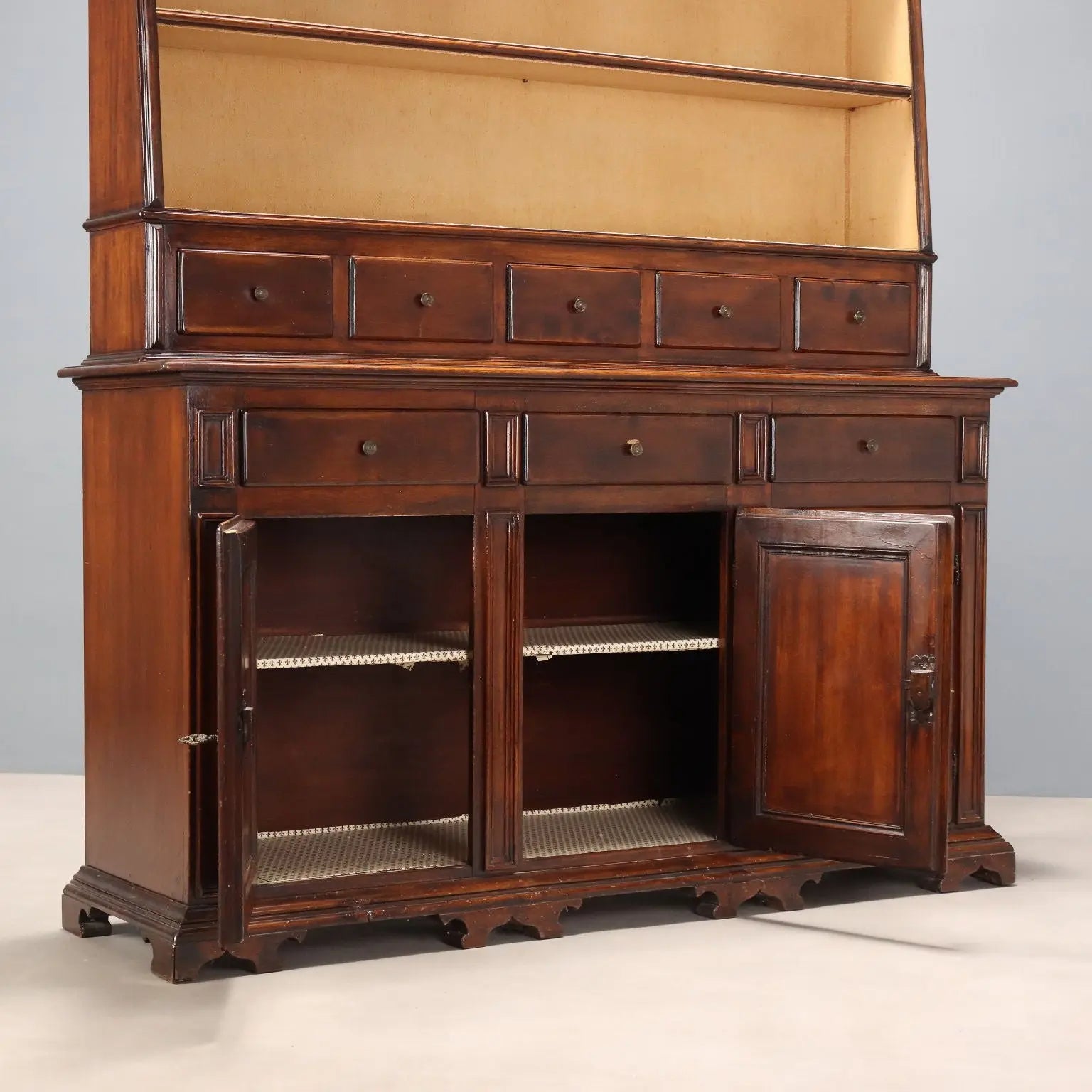 Baroque Walnut Sideboard with Plate Rack, Italy 20th Century