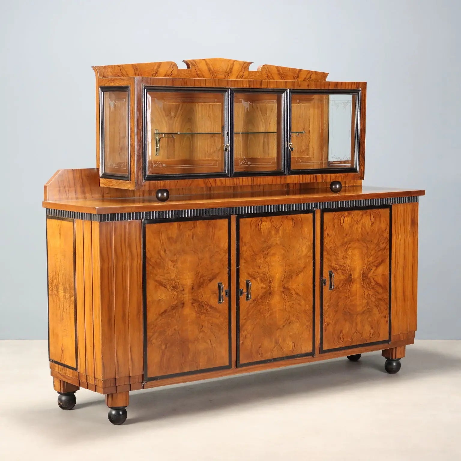 Antique Cupboard Art Deco Walnut Glass Italy XX Century