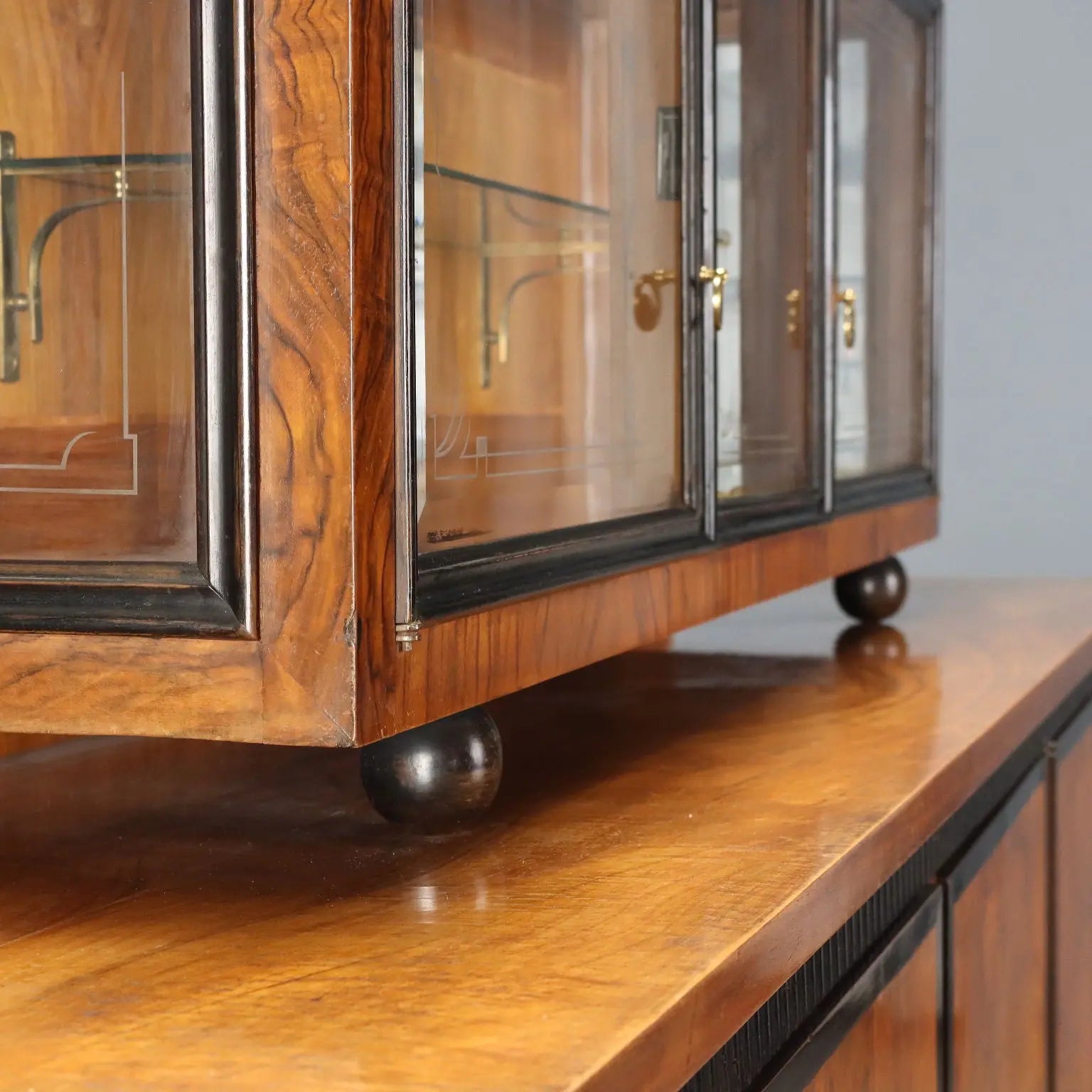 Antique Cupboard Art Deco Walnut Glass Italy XX Century