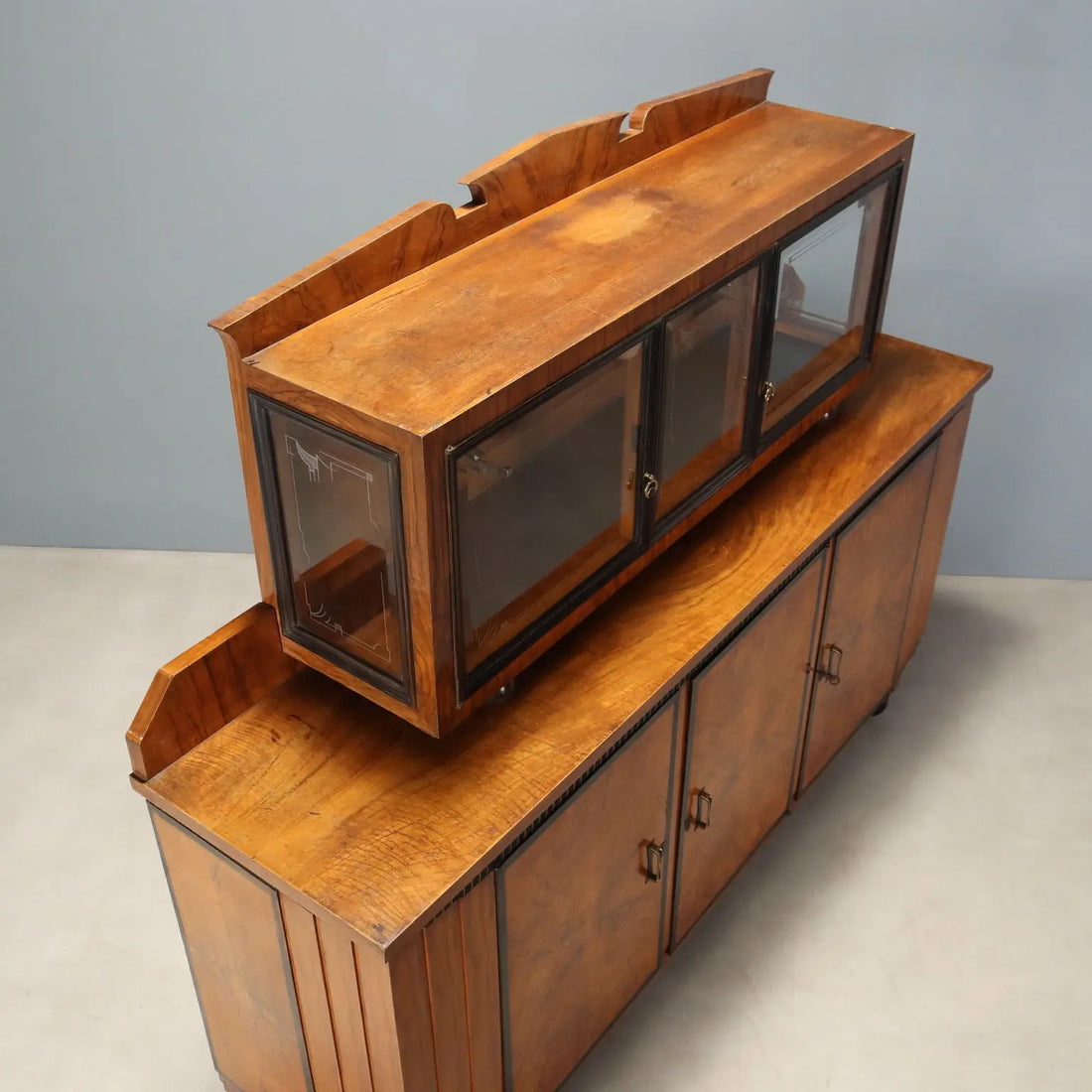 Antique Cupboard Art Deco Walnut Glass Italy XX Century