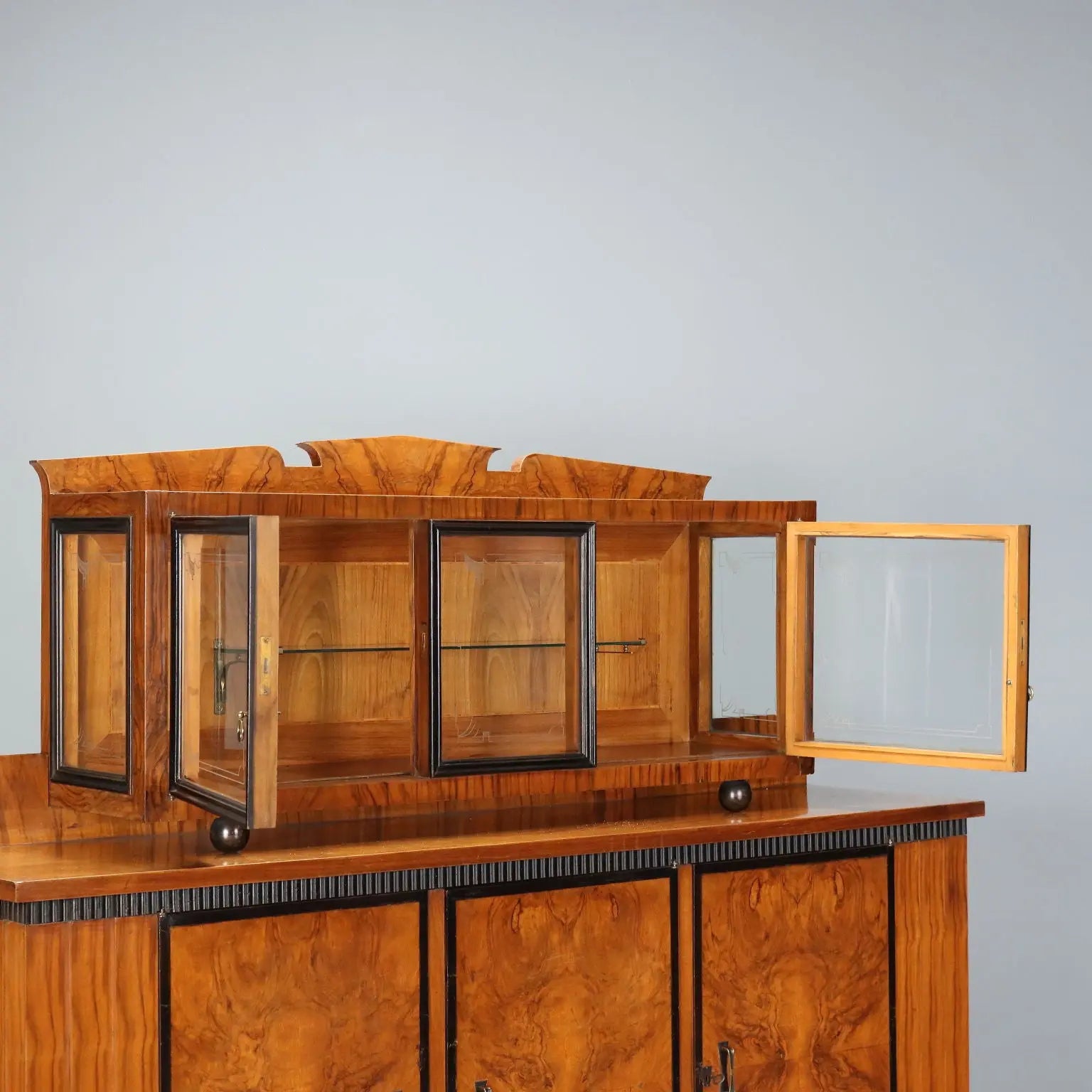 Antique Cupboard Art Deco Walnut Glass Italy XX Century
