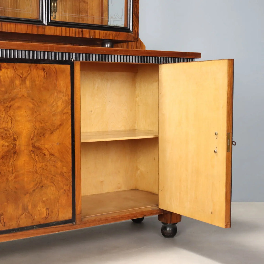 Antique Cupboard Art Deco Walnut Glass Italy XX Century