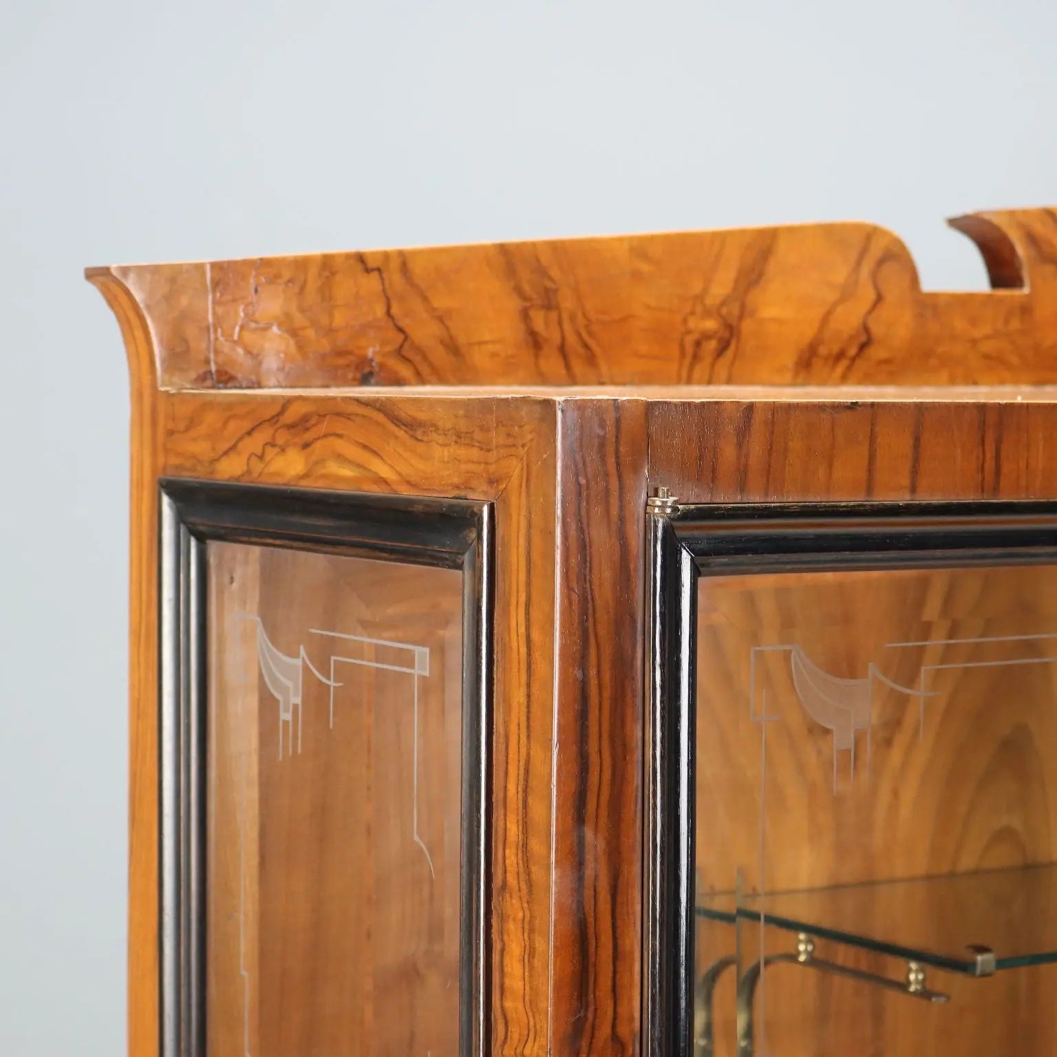Antique Cupboard Art Deco Walnut Glass Italy XX Century