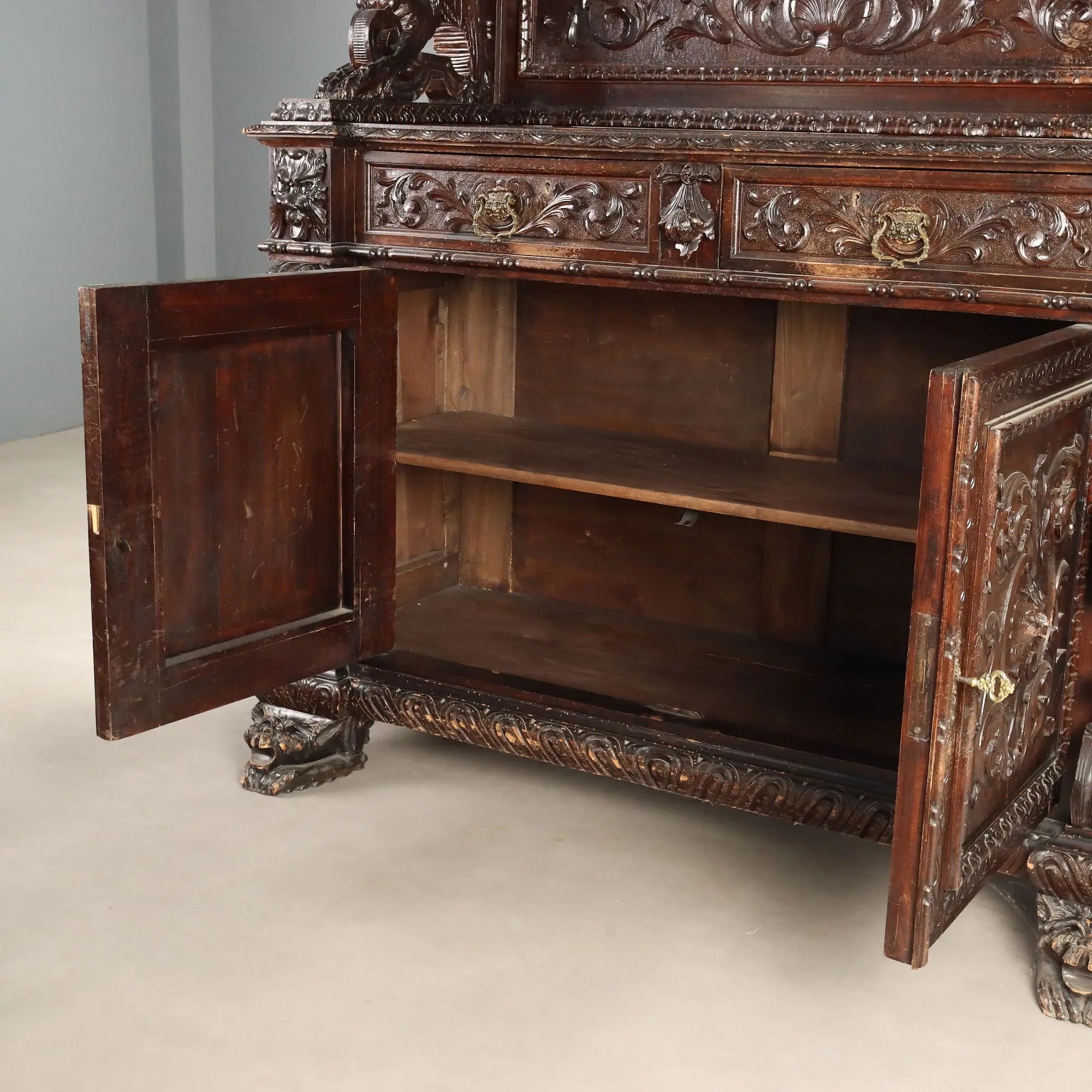 Antique Cupboard Neo-Baroque Carved Walnut Italy XIX Century