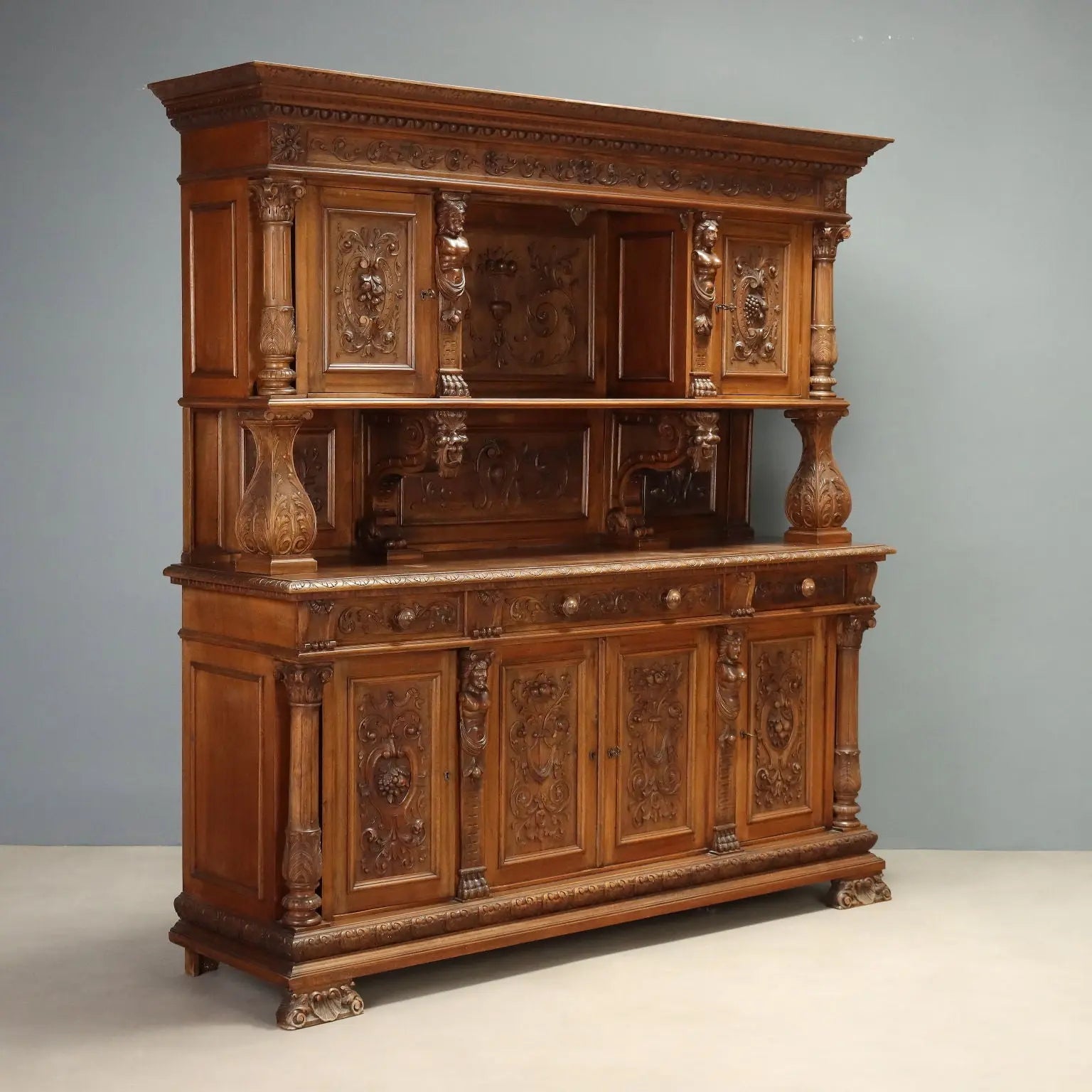 Antique Cupboard Neo-Baroque Walnut Carvings Italy XIX Century
