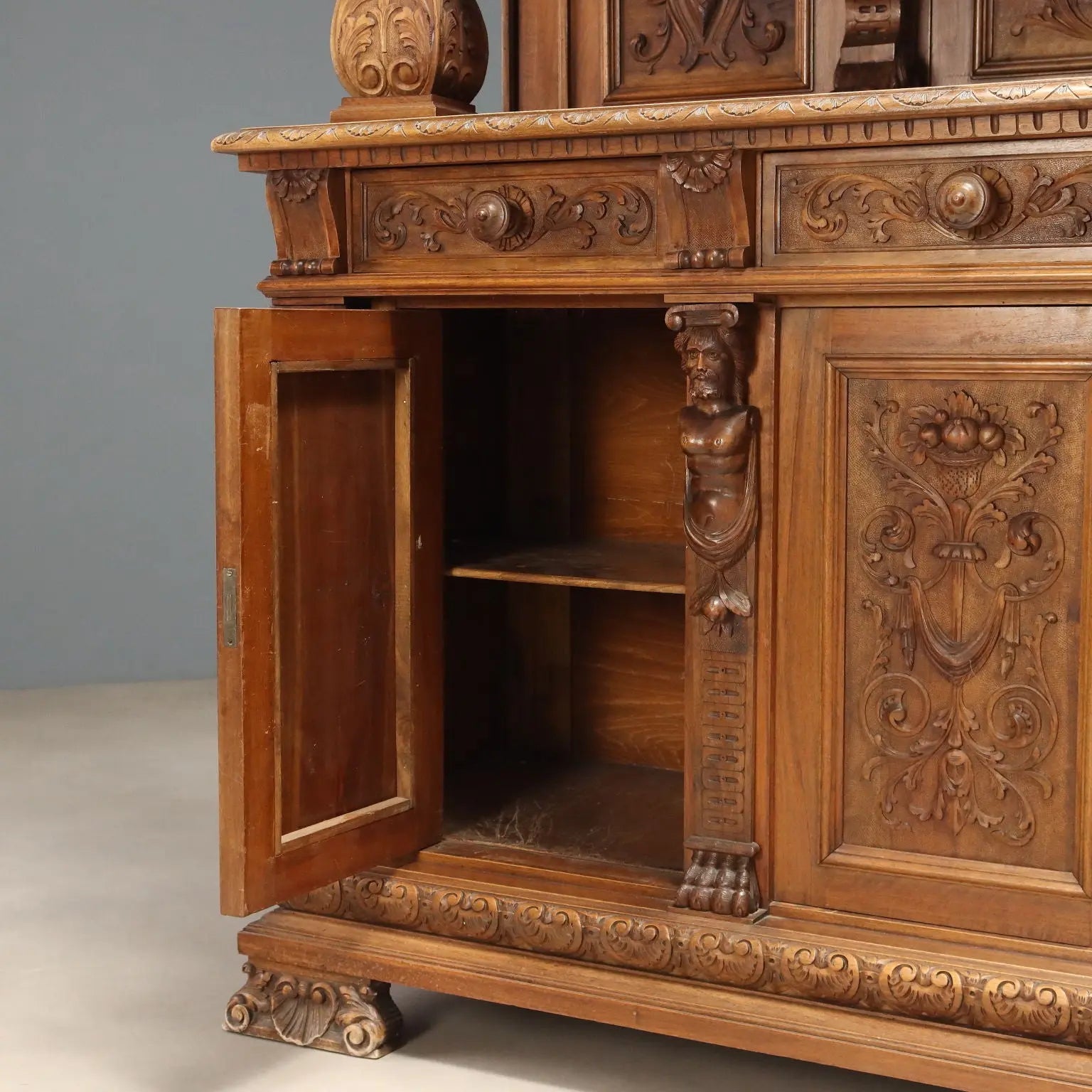 Antique Cupboard Neo-Baroque Walnut Carvings Italy XIX Century