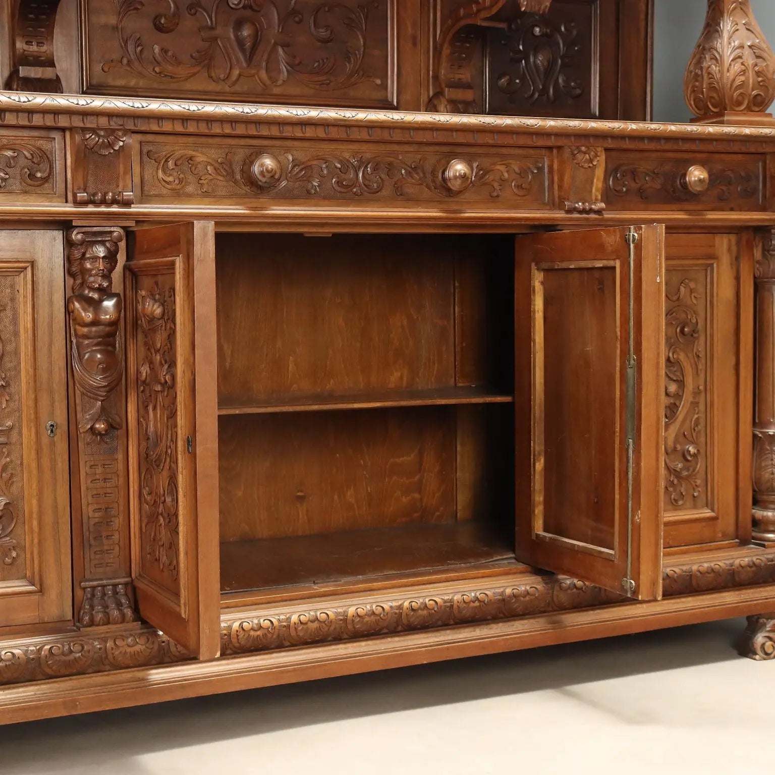 Antique Cupboard Neo-Baroque Walnut Carvings Italy XIX Century