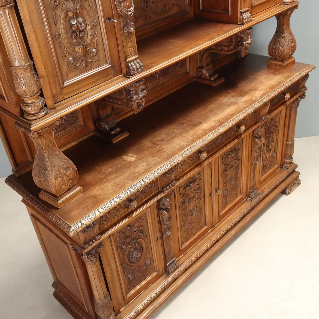 Antique Cupboard Neo-Baroque Walnut Carvings Italy XIX Century