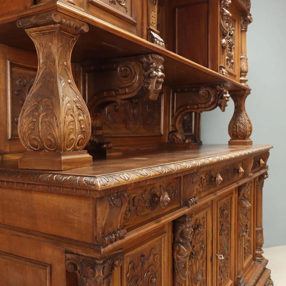 Antique Cupboard Neo-Baroque Walnut Carvings Italy XIX Century