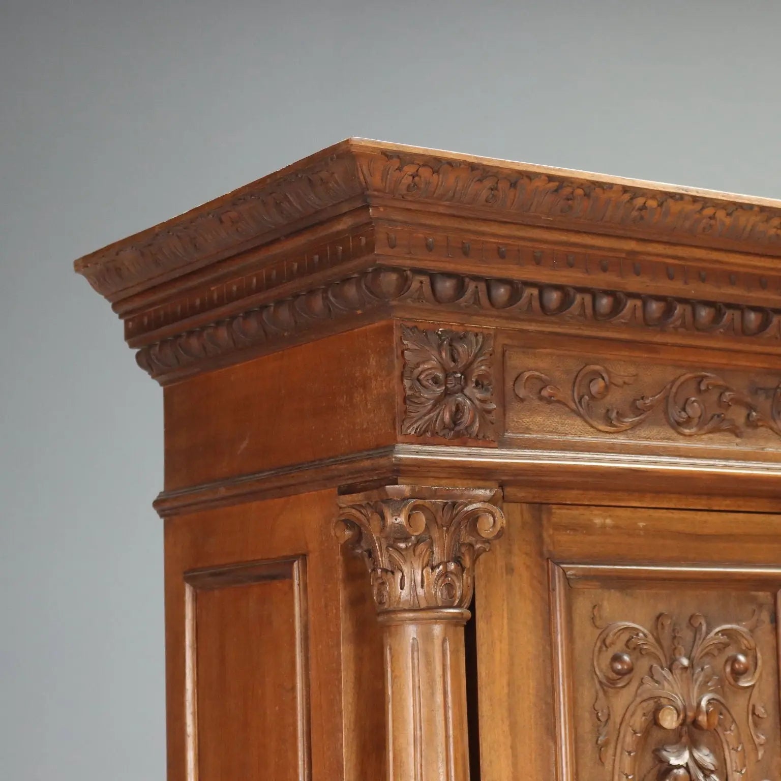 Antique Cupboard Neo-Baroque Walnut Carvings Italy XIX Century