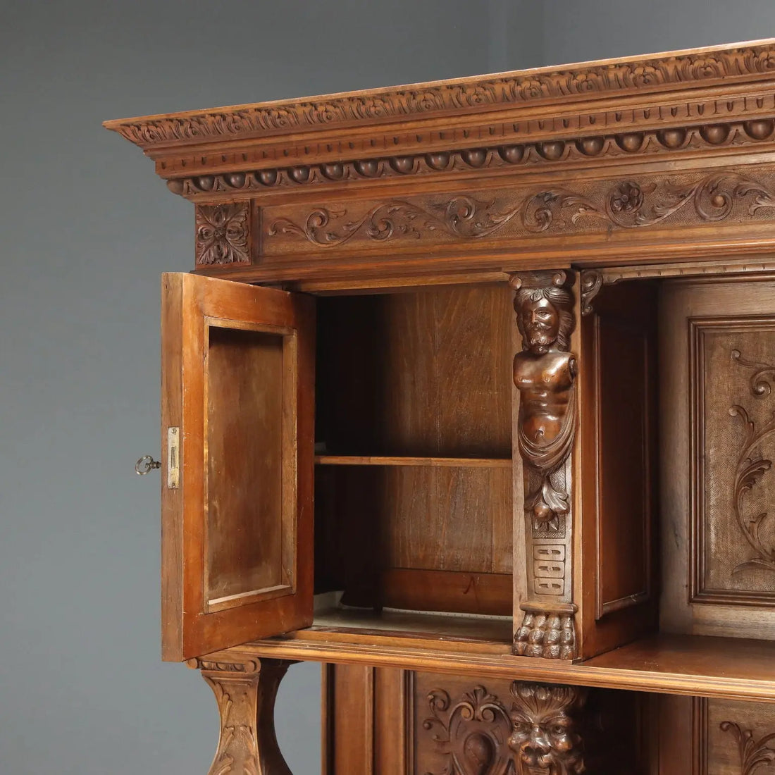 Antique Cupboard Neo-Baroque Walnut Carvings Italy XIX Century