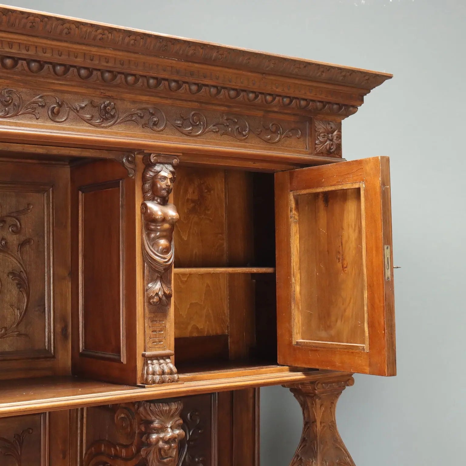 Antique Cupboard Neo-Baroque Walnut Carvings Italy XIX Century