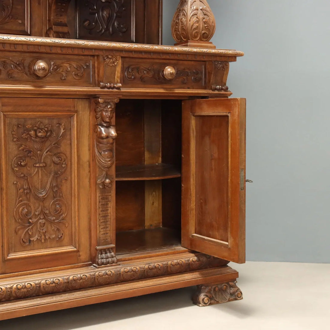 Antique Cupboard Neo-Baroque Walnut Carvings Italy XIX Century