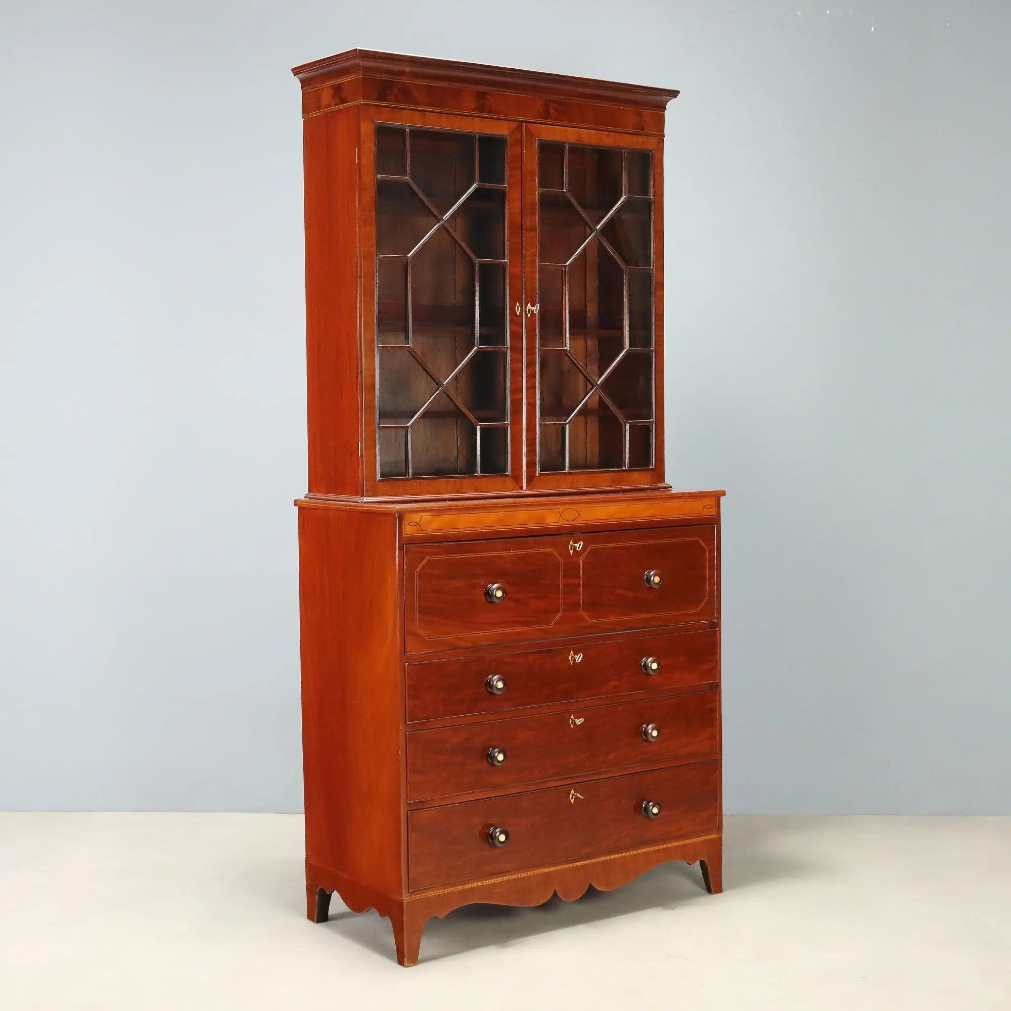 Antique Bookcase Mahogany Maple Inlays England XIX Century