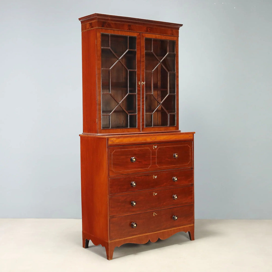 Antique Bookcase Mahogany Maple Inlays England XIX Century