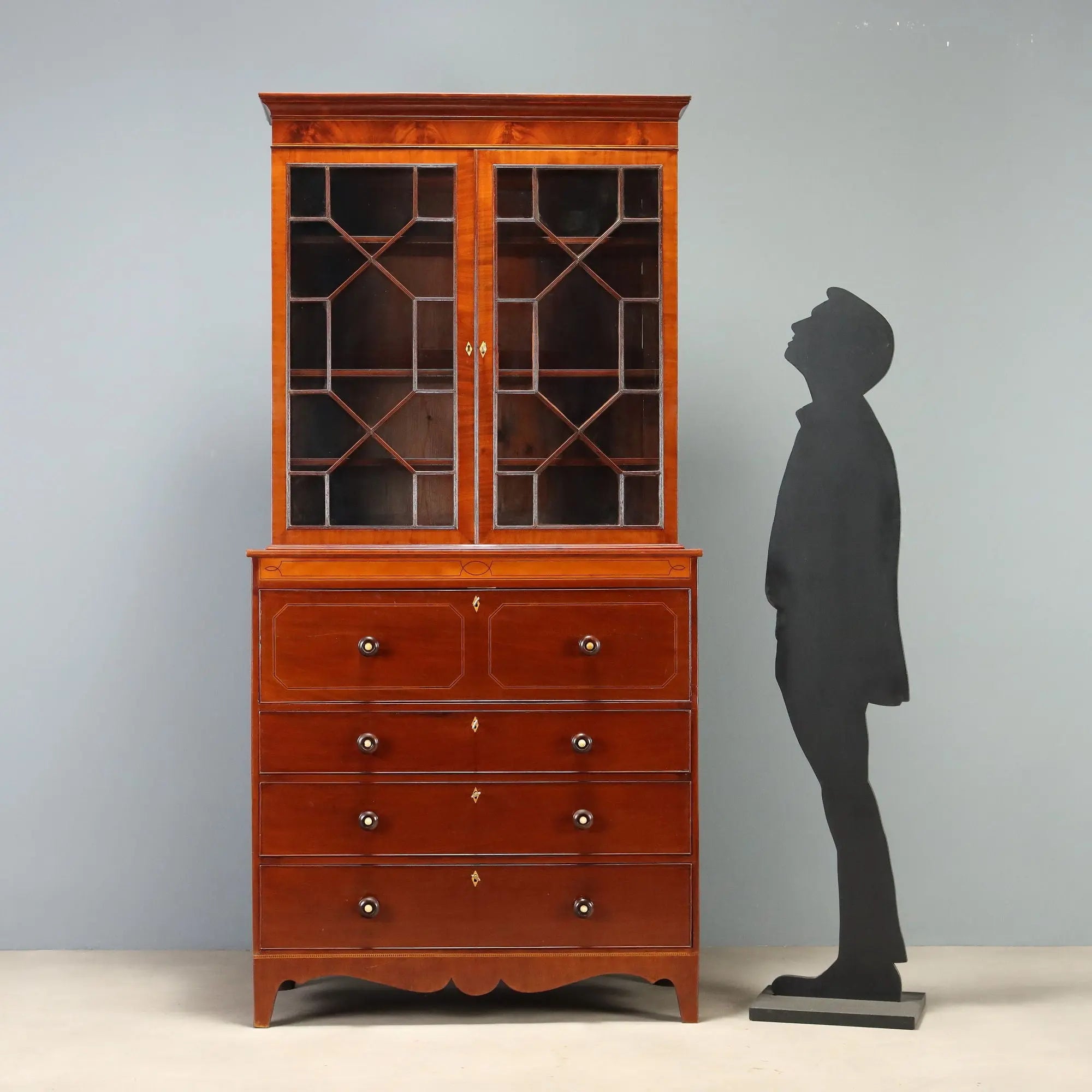 Antique Bookcase Mahogany Maple Inlays England XIX Century
