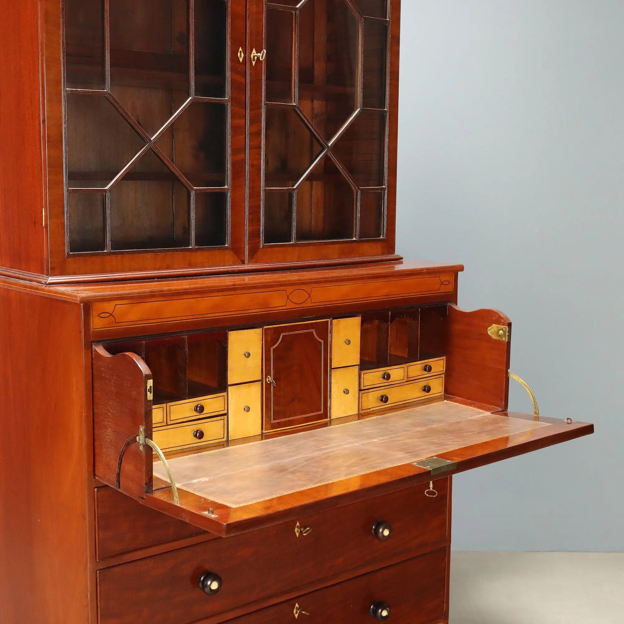 Antique Bookcase Mahogany Maple Inlays England XIX Century