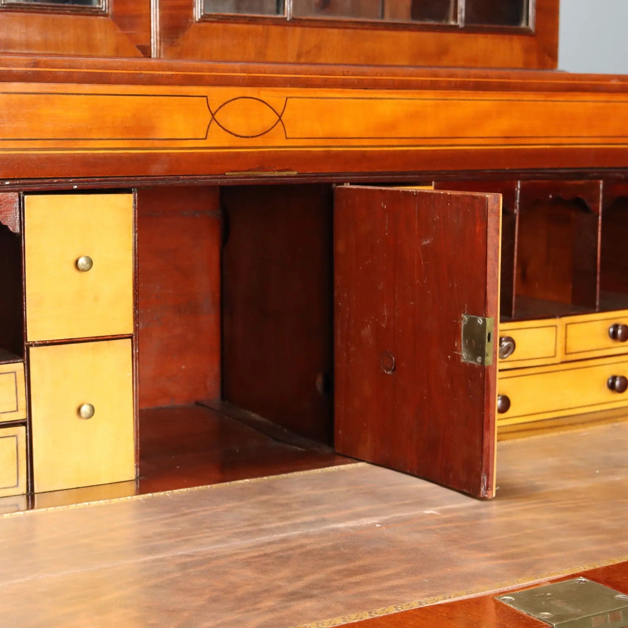Antique Bookcase Mahogany Maple Inlays England XIX Century