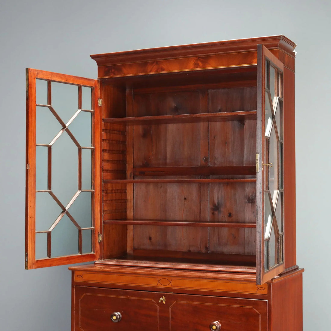 Antique Bookcase Mahogany Maple Inlays England XIX Century