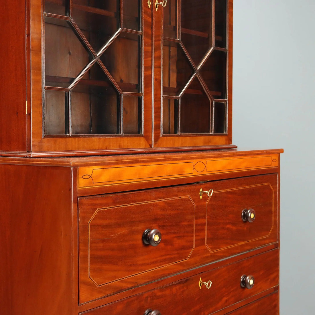 Antique Bookcase Mahogany Maple Inlays England XIX Century