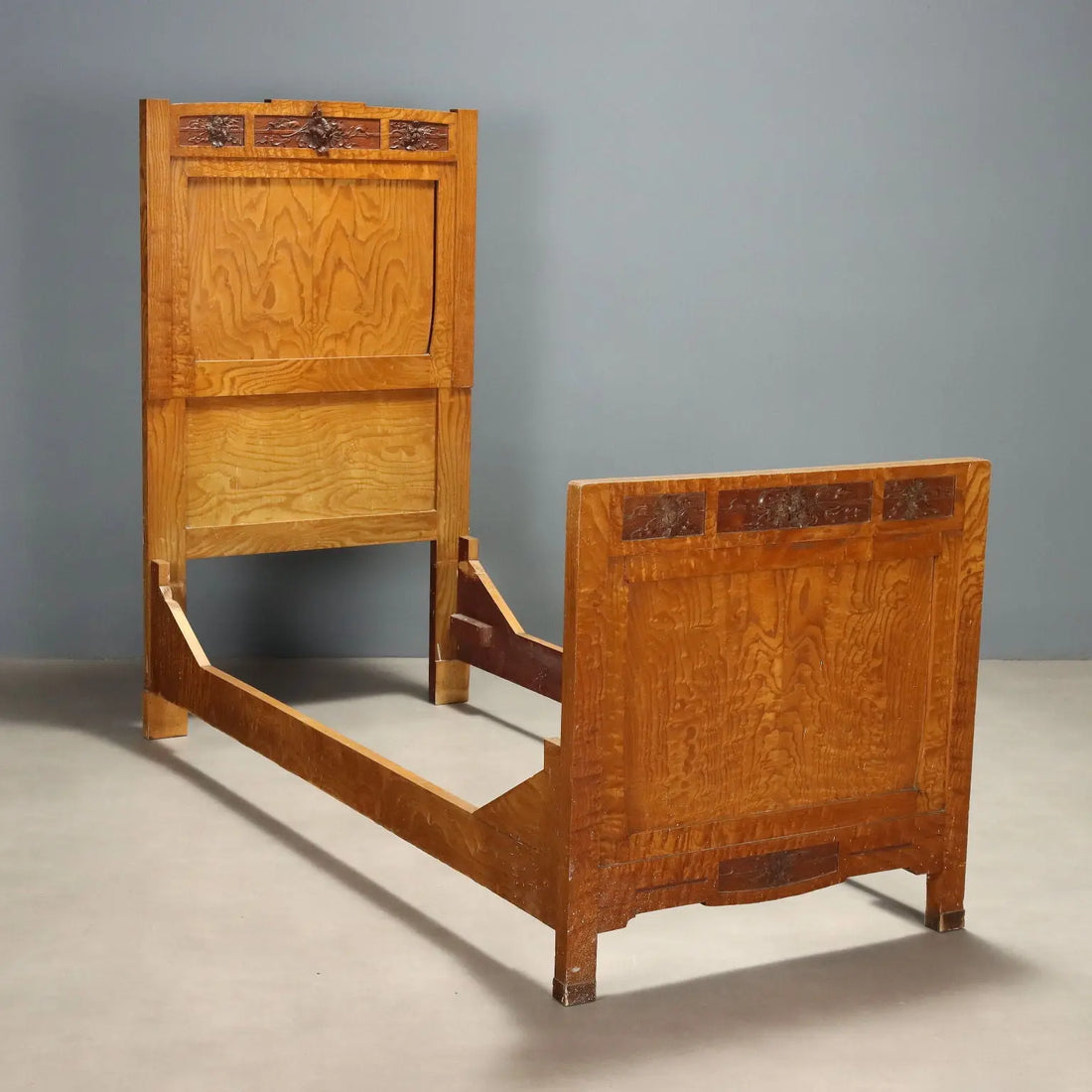 Liberty Single Bed in Oak with Mahogany Carvings