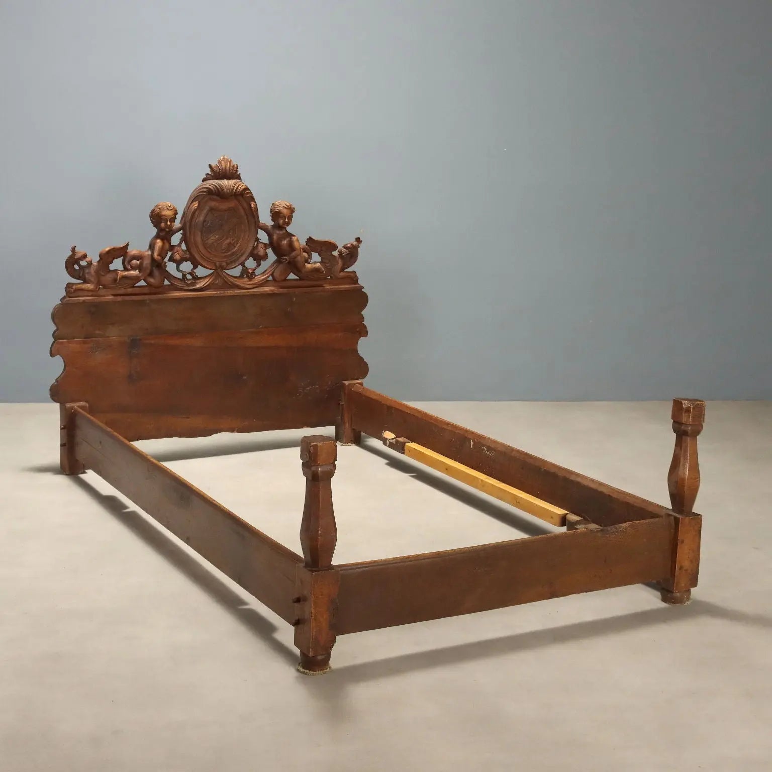 Antique Single Bed Walnut Carvings Italy XIX Century
