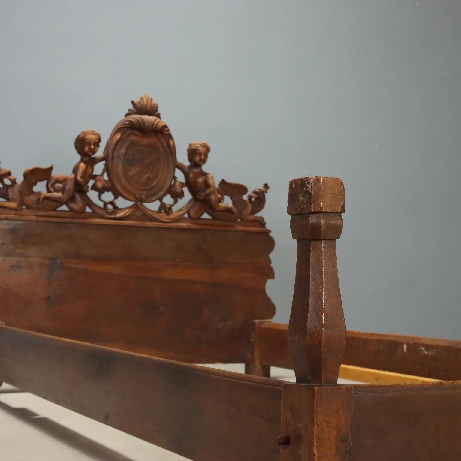 Antique Single Bed Walnut Carvings Italy XIX Century