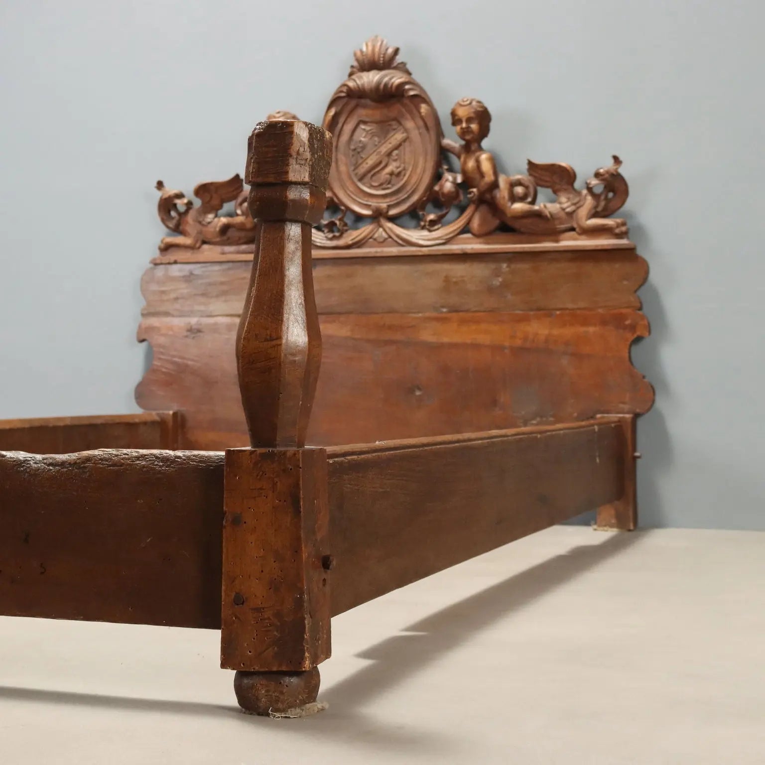 Antique Single Bed Walnut Carvings Italy XIX Century