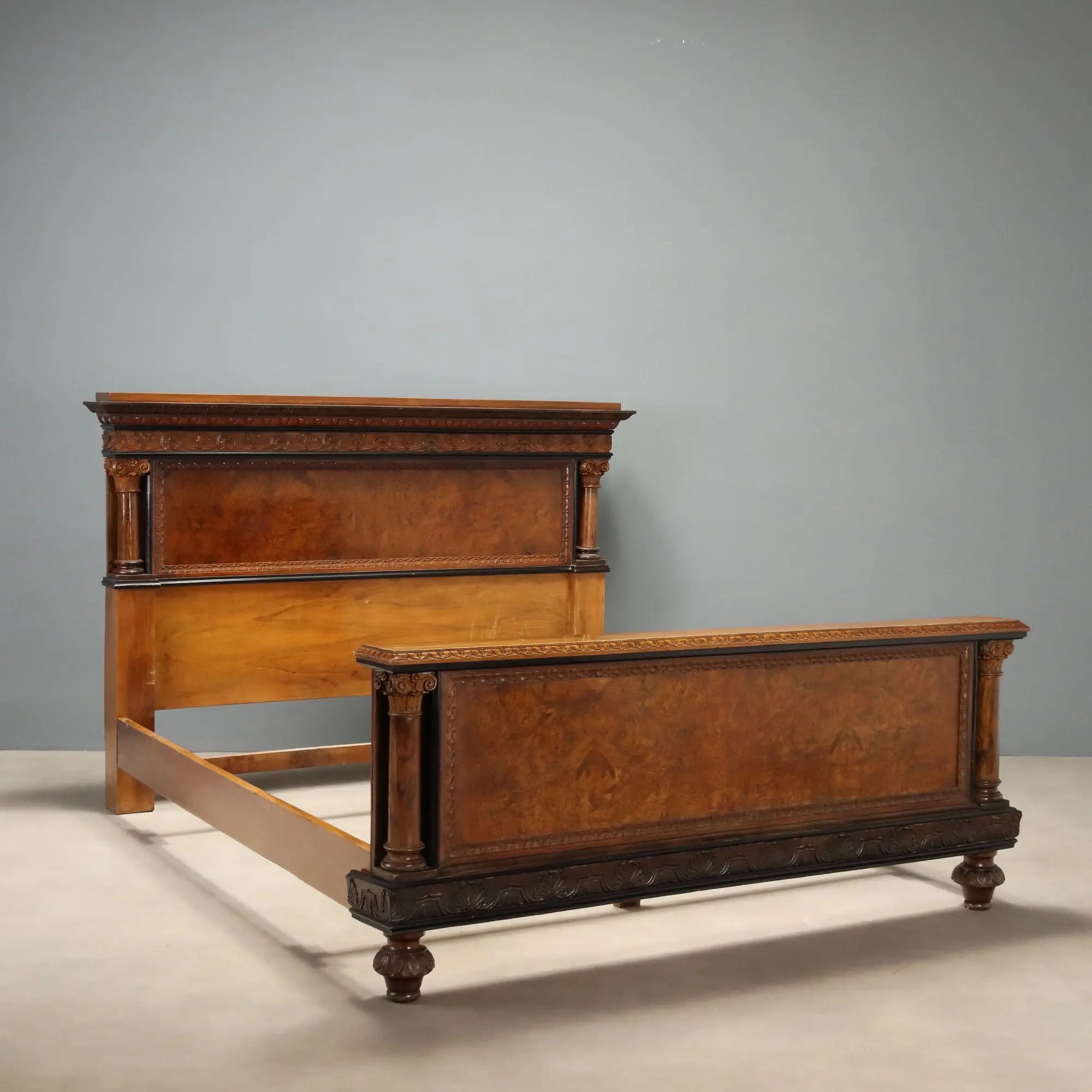 Antique Double Bed Walnut Burl Italy XX Century