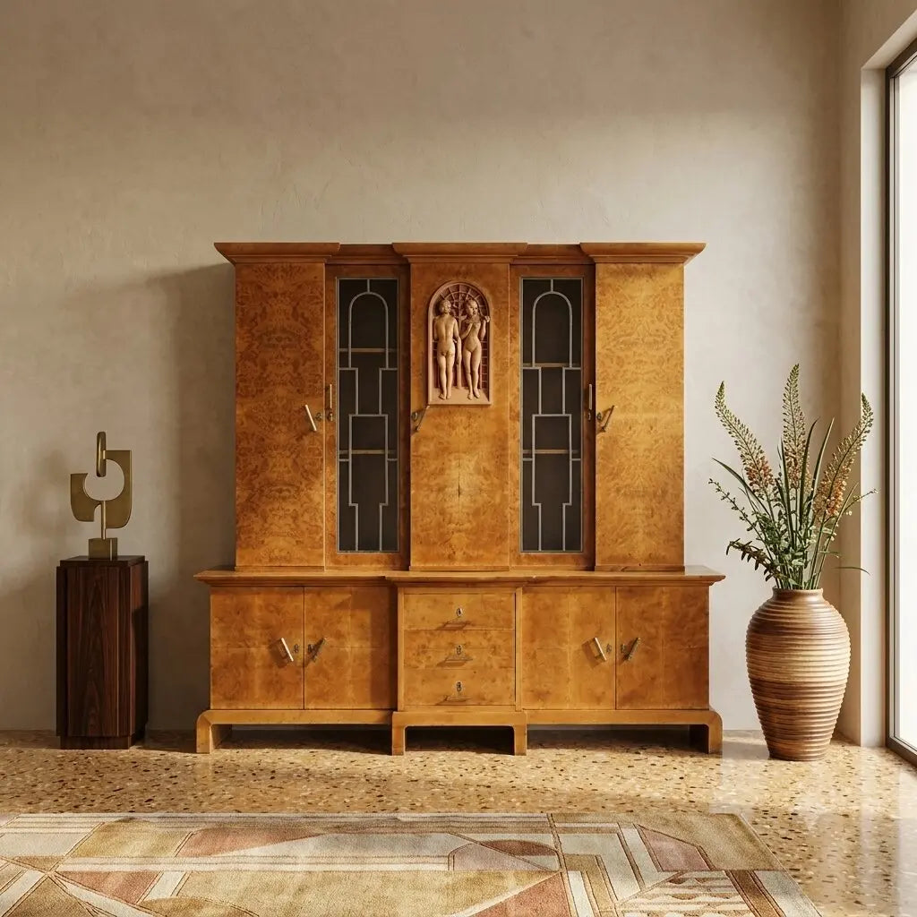 Antique Art Deco Cabinet Maple Burl Veneer XX Century