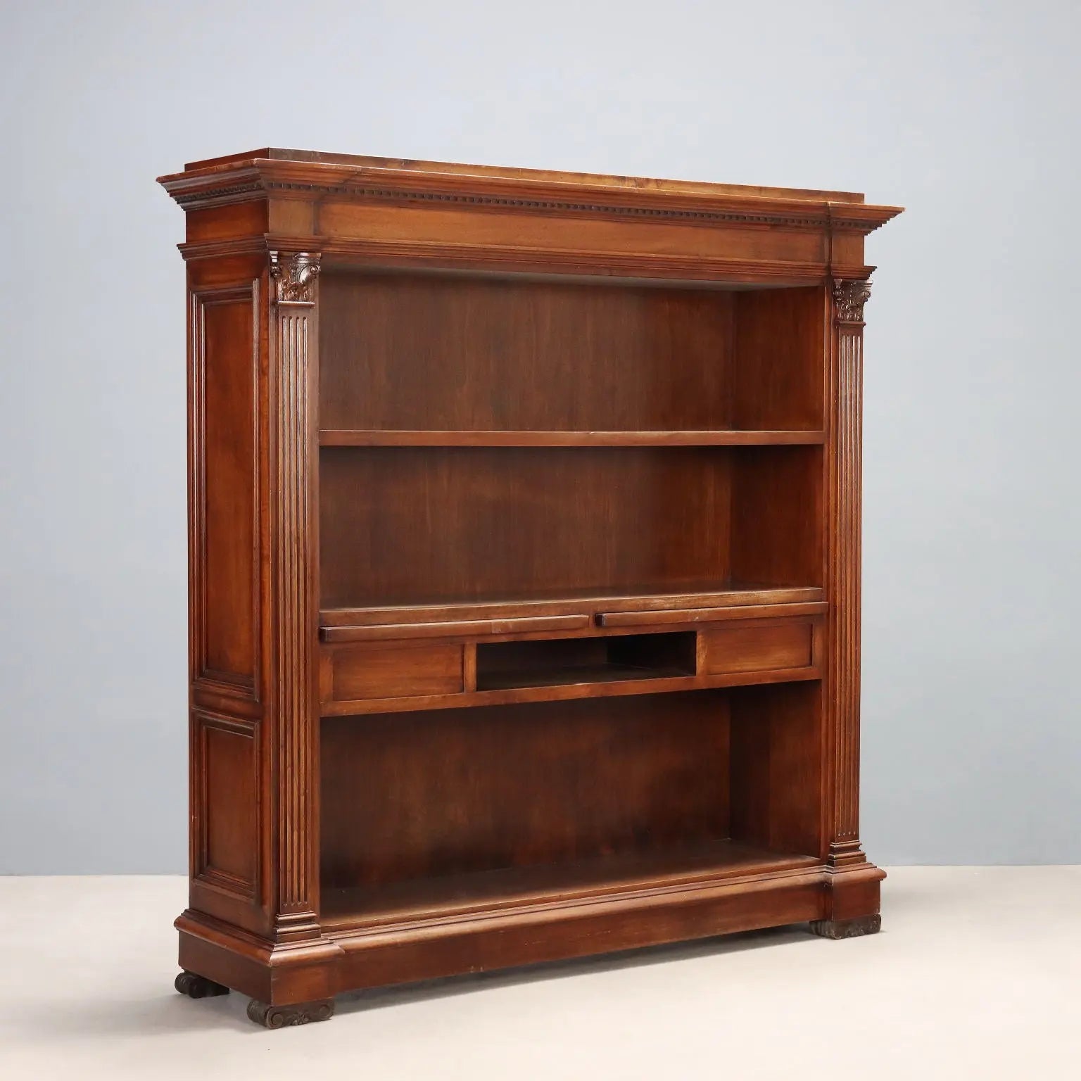 Antique Bookcase Walnut Corinthian Decorations XX Century