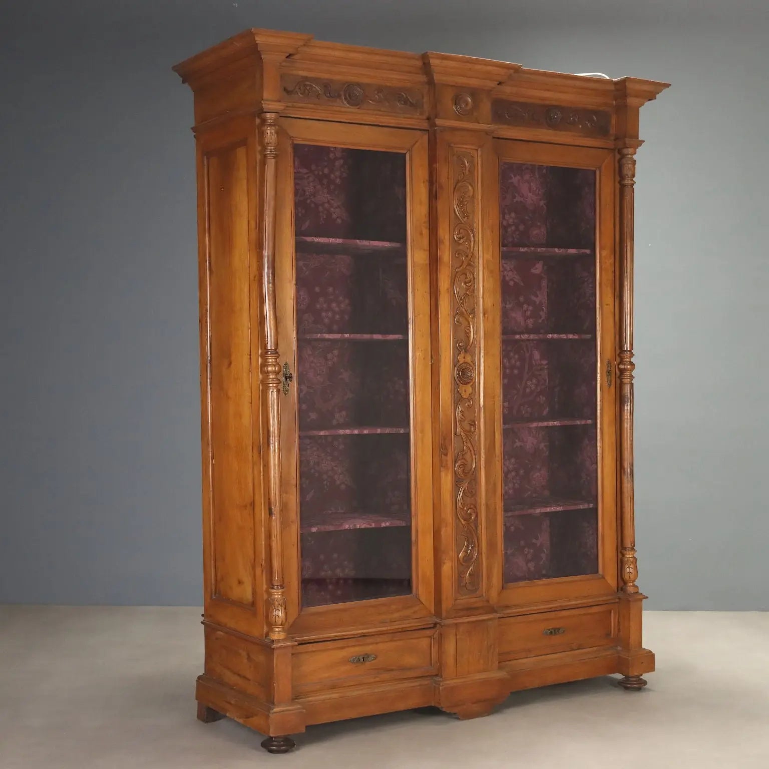 Antique Wardrobe Walnut Glass Carvings Italy XIX Century