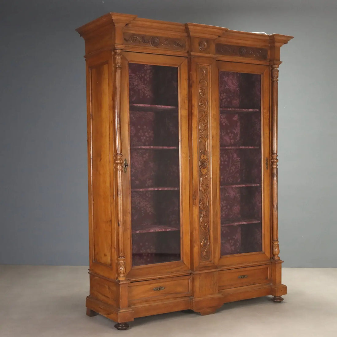 Antique Wardrobe Walnut Glass Carvings Italy XIX Century