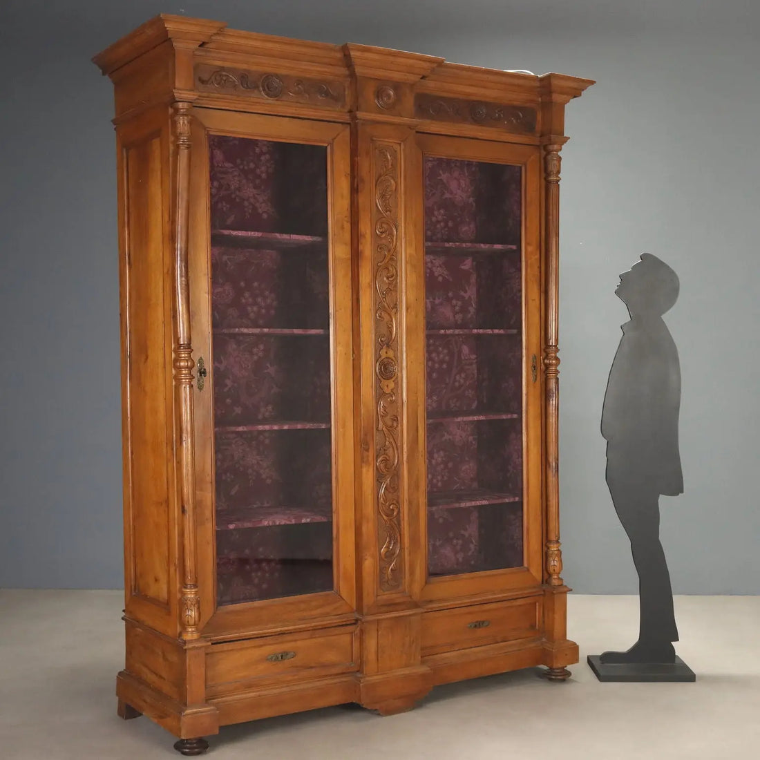 Antique Wardrobe Walnut Glass Carvings Italy XIX Century