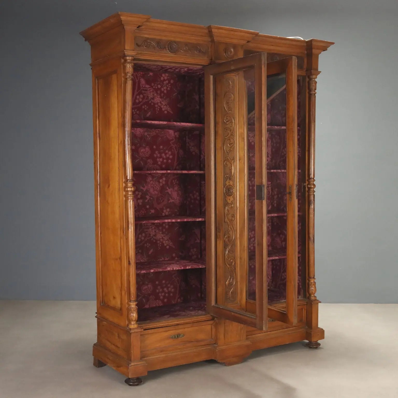 Antique Wardrobe Walnut Glass Carvings Italy XIX Century