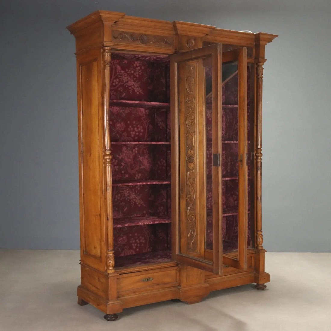 Antique Wardrobe Walnut Glass Carvings Italy XIX Century